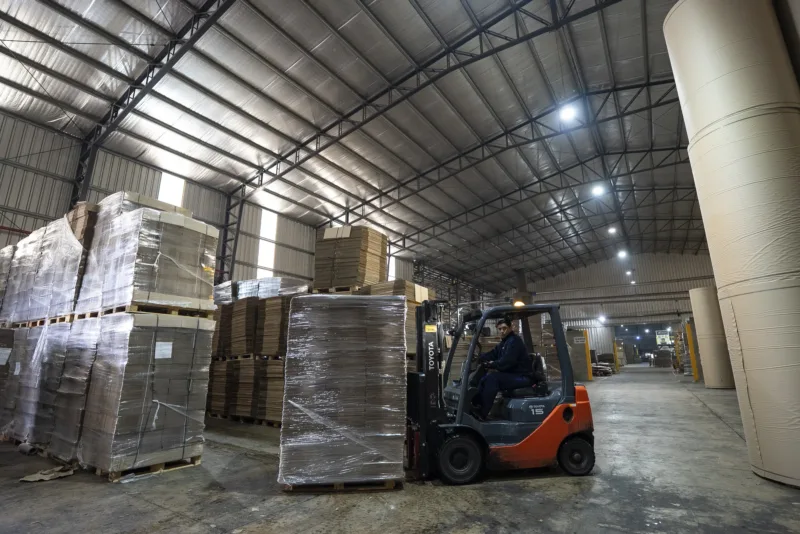 Pallets de cajas de cartón terminadas y stretchadas en el depósito de Rainap